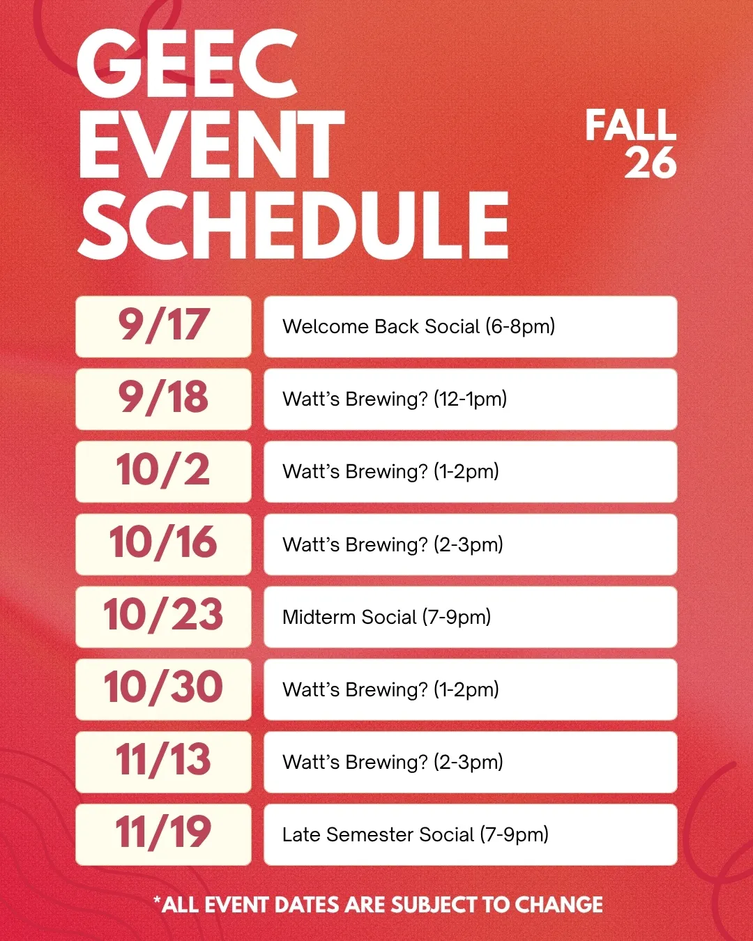 Fall 2026 event schedule